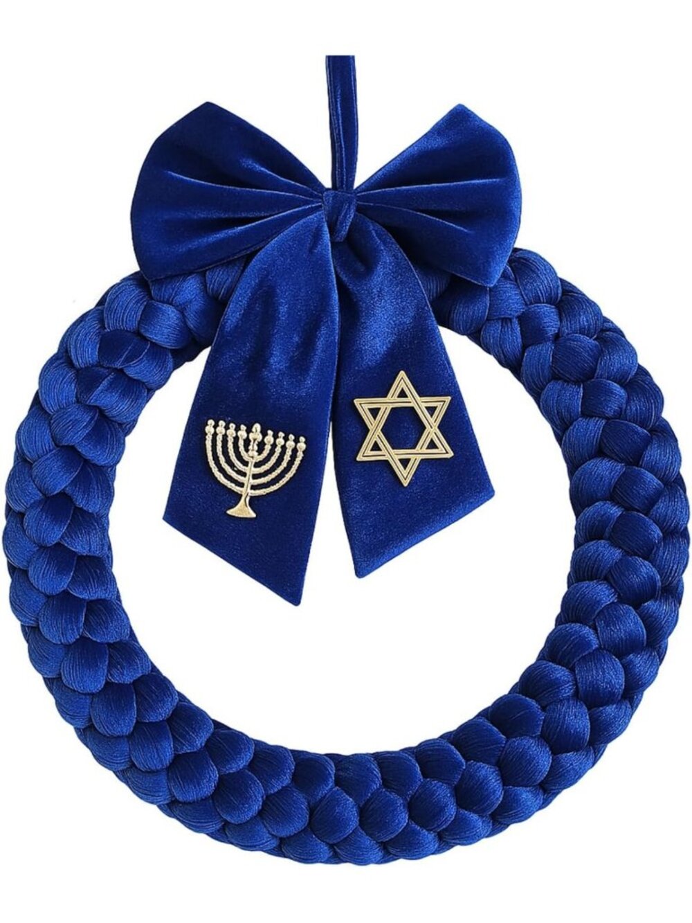 22" Velvet Hanukkah Wreath with Bow | Blue Holiday Door Decor, Festive Home